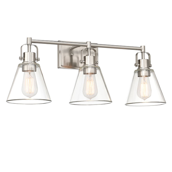 3-Light Brushed Nickel Bathroom Vanity Light Fixtures over Mirrors with Clear Glass Shade