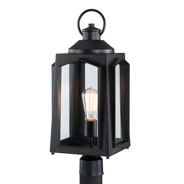 1-Light Matte Black Outdoor Post Light with Clear Glass Shade
